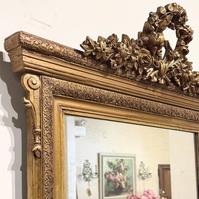 19th Century French Louis XVI Gilded Mirror With Floral Wreath Crest For Sale - Image 13 of 14
