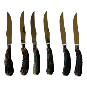 1950s Sheffield England Stag Handles Butlers Cutlass Leppington Knife Set- 6 Pieces