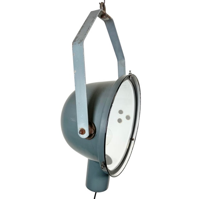 Industrial Grey Enamel Factory Spotlight Hanging Light with Glass Cover, 1950s For Sale - Image 18 of 18
