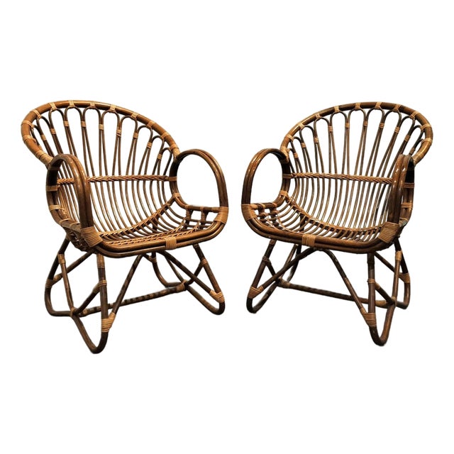 Vintage Italian Designer Mid-Century Modern Rattan Lounge Chairs by Franco Albini For Sale
