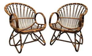 Vintage Italian Designer Mid-Century Modern Rattan Lounge Chairs by Franco Albini