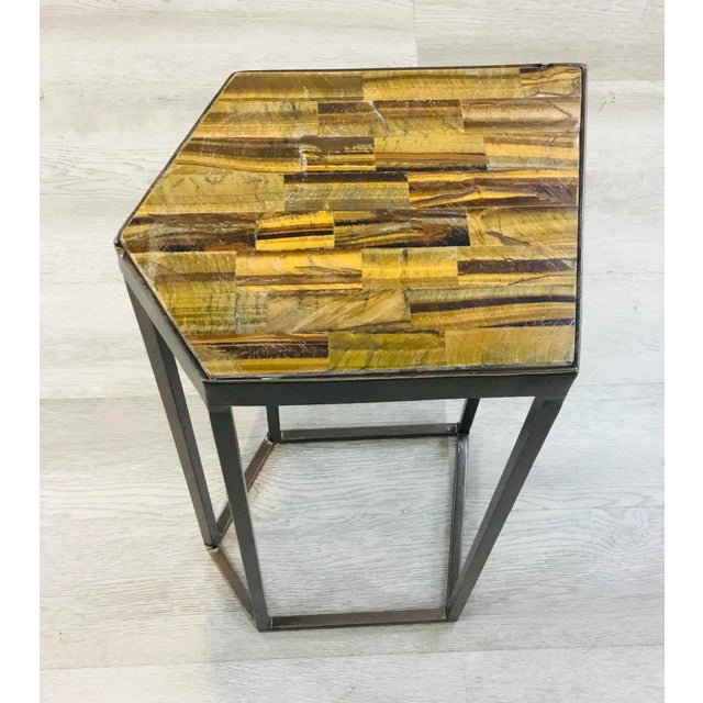 Unique Caracole modern geometric tigers eye drinks table prototype, bronze finished metal base, showroom floor sample, I...
