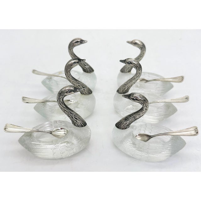 Six Carved Rock Crystal & Sterling Swan Motif Salts/ Condiments with Spoons For Sale In West Palm - Image 6 of 12
