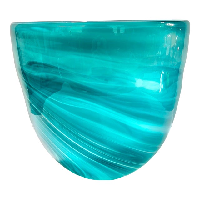 Hand Blown Turquoise Swirl Art Glass Ice Bucket or Cachepot For Sale