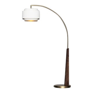 Mid Century Coronado 1 Light Arc Floor Lamp - Dark Walnut & Weathered Brass, White Linen Double Shade, Dimmer Switch For Sale