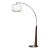 Mid Century Coronado 1 Light Arc Floor Lamp - Dark Walnut & Weathered Brass, White Linen Double Shade, Dimmer Switch For Sale