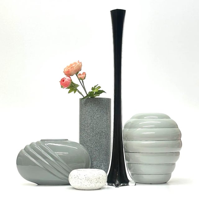 Mixed grey vases, group of 5. A symphony of grey and black ceramic and glass vases in a range of tones, shapes, and sizes....