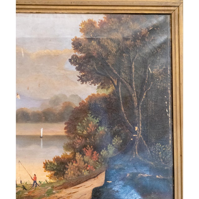 Brown 19th Century American Naive Folk Art Landscape Painting With Fishermen For Sale - Image 8 of 18