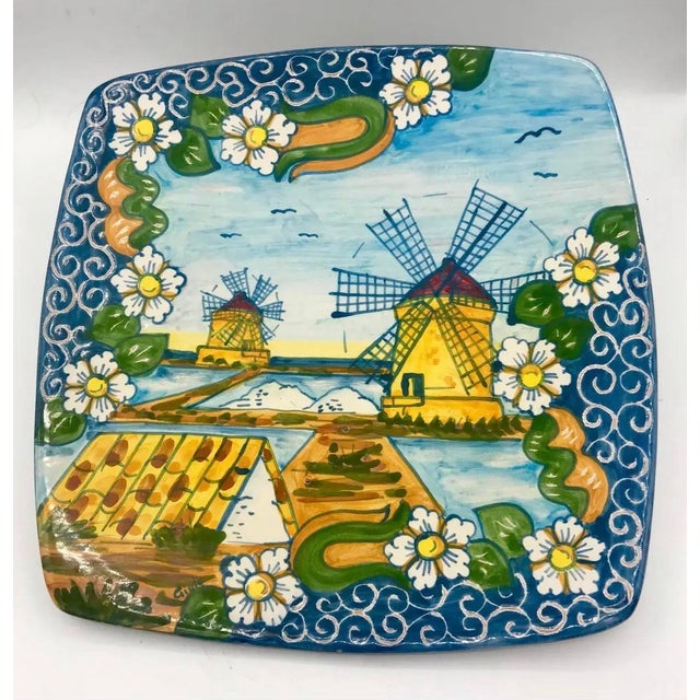 Di Cotte E Di Crude Trapani Sicilian Hand-Painted Windmill Ceramic Wall Platter For Sale In New York - Image 6 of 6