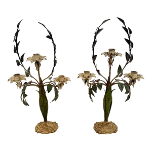 Vintage Painted Tole Candlesticks -A Pair