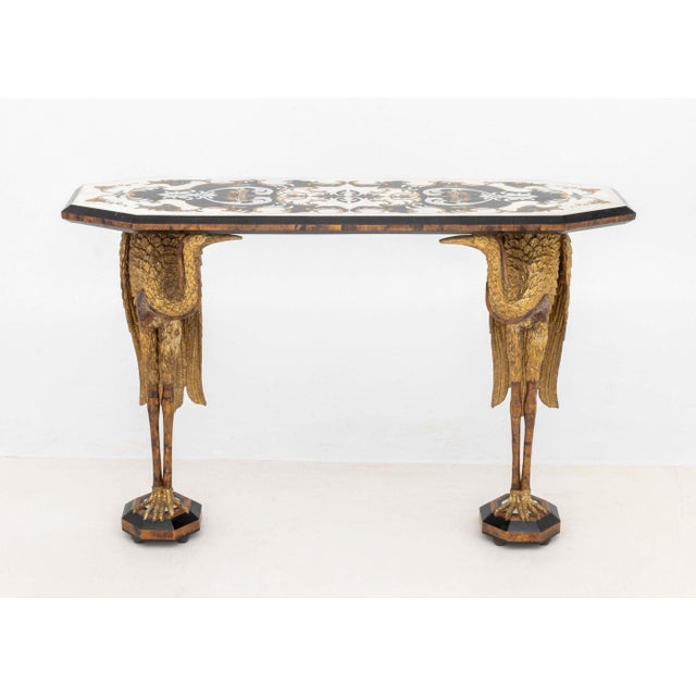 Empire Revival Pietra Dura Top and Parcel Giltwood Crane Motif Console Table. 36.5" H x 55.5" W x 18.5" D. Provenance:...