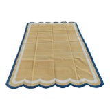 Handmade Cotton Vegetable Dyed Scalloped Edge Rug Yellow With Cream and Teal Blue Border - 8x10 For Sale