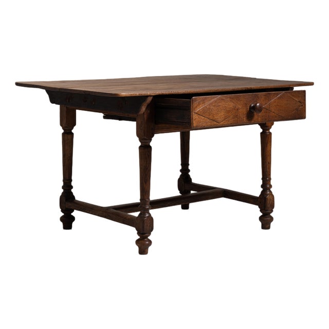 19th Century French Chestnut Brown Oak Table with Single Drawer For Sale