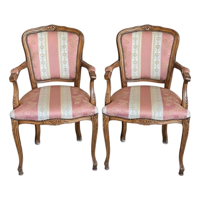 Vintage Italian Louis XV Style Carved Walnut Fauteuil Armchairs in Dusty Rose Brocade - Pair For Sale