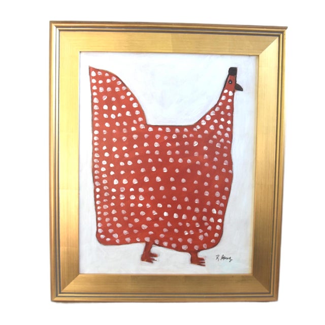 2020s Folk Art Red Chicken Hen Rooster Painting Ruth Arenz Including the Antiqued Gold Wood Frame For Sale - Image 5 of 5