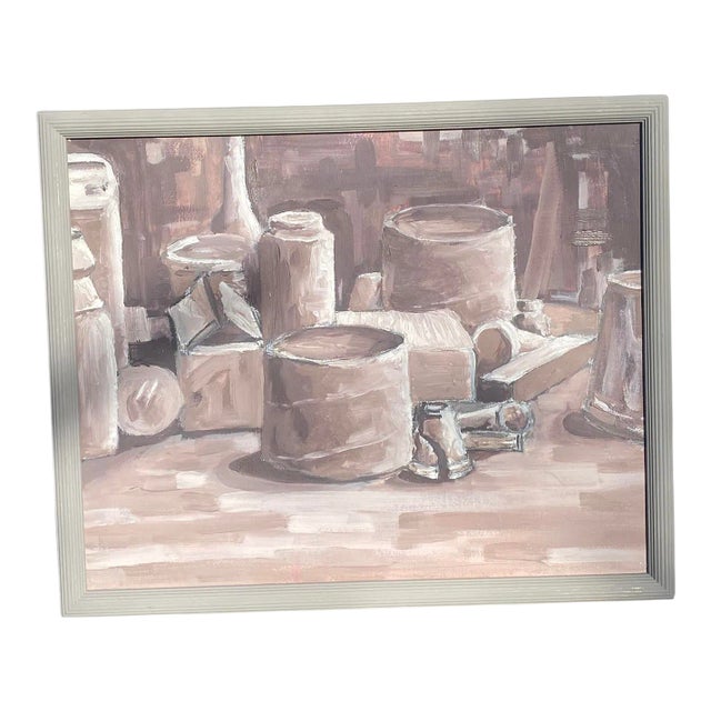 Mid Century Modern Style Framed Still Life Interior Study Monochromatic Oil on Board Painting For Sale