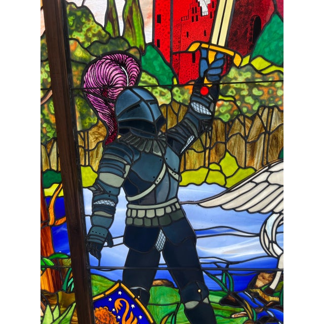 2000 - 2009 Contemporary Stained Glass Window With Castle Scene and Unicorn and Knight For Sale - Image 5 of 13