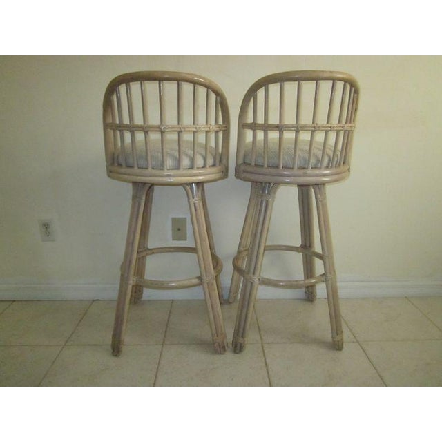 1990s Bamboo Rattan Barstool Upholstered Seat Swivel Beige Set of 2 For Sale - Image 4 of 12
