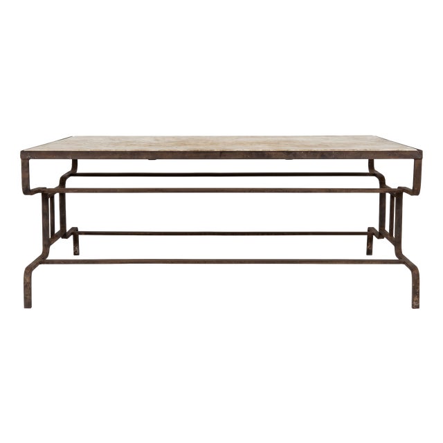 French Artisan Coffee Table in Wrought Iron and Travertine Top, 1920s For Sale