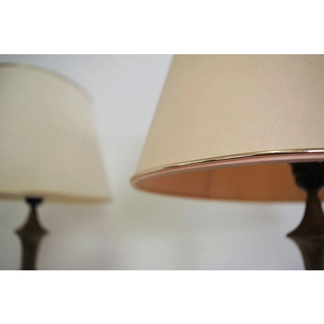 1950s Mahogany, Brass & Cotton Hats Tale Lamps from Abat Jour, 1950s, Set of 2 For Sale - Image 5 of 18