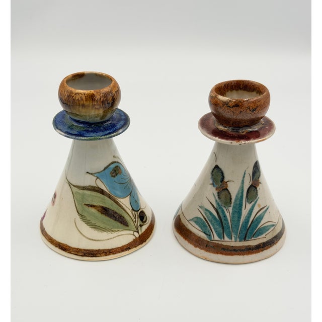 Ceramic Folk-Art Ken Edwards Palomar Tonala Pottery Hand Painted 2pc Set Candle Holders For Sale - Image 7 of 8