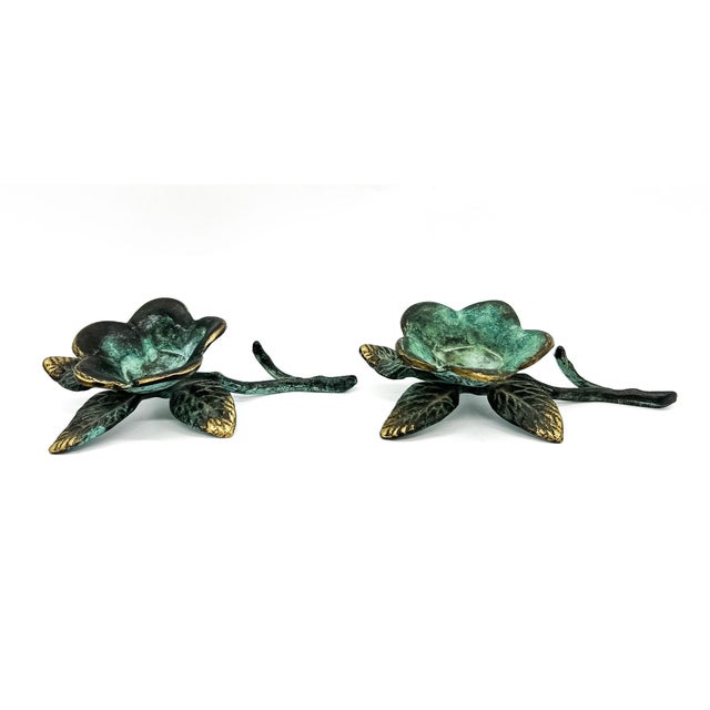 Pair of Vintage Verdigris Brass Floral Sculptures / Candle Holders – Hollywood Regency / Botanical Style For Sale - Image 10 of 10