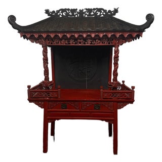 Late 20th Century Large Hand-Carved Chinese Dragon Altar Shrine Cabinet With Temple Roof For Sale