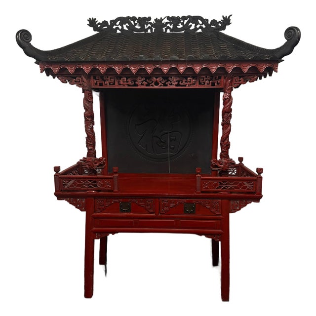 Late 20th Century Large Hand-Carved Chinese Dragon Altar Shrine Cabinet With Temple Roof For Sale