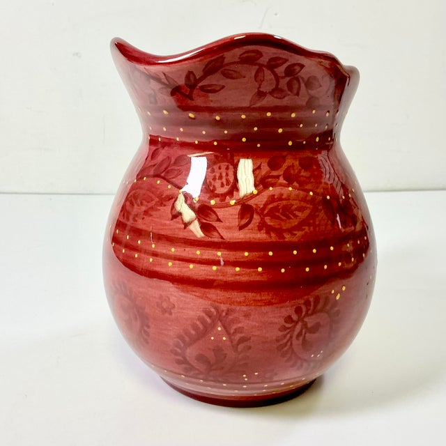 1990s Boho Chic Farmhouse Scalloped Handle Hand Painted Ceramic Pitcher. For Sale - Image 11 of 14