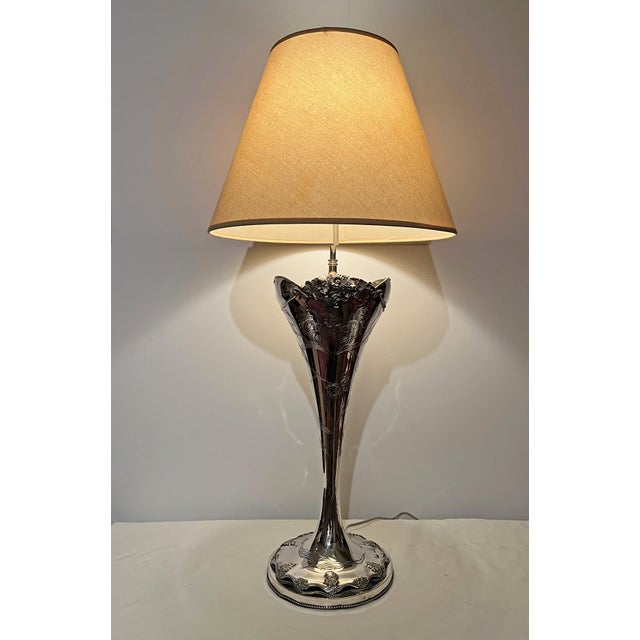 Antique Chased Large Silver Chalice Table Lamp Pair For Sale - Image 9 of 11