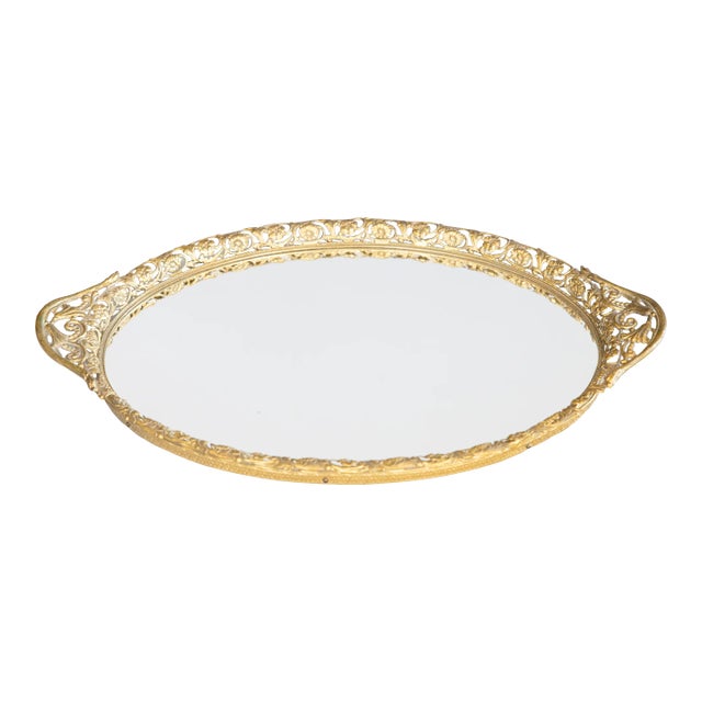 Vintage French Gilt Ormolu Floral Mirror Vanity Tray For Sale