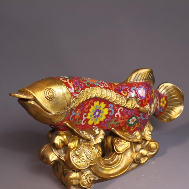 Red Late 19th Century Cloisonné Enamel Fish Statue on Gilt Base, 3.05kg For Sale - Image 8 of 9