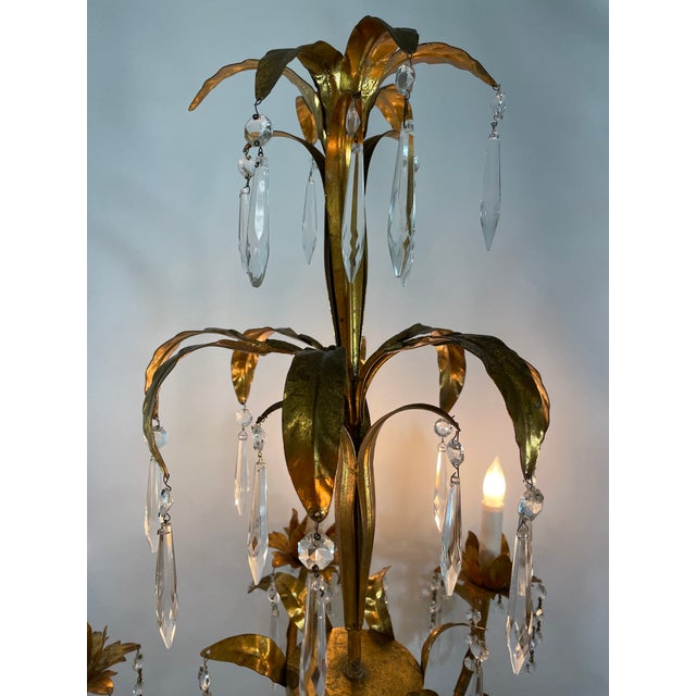 Gold Mid 20th Century Italian Gilt Tole and Crystals Electric Candelabra Lamp For Sale - Image 8 of 18