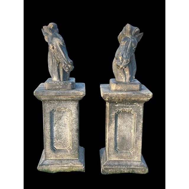 Rustic European Vintage Pair of Pier Mounted Stallion Busts With Flowing Manes For Sale - Image 3 of 18