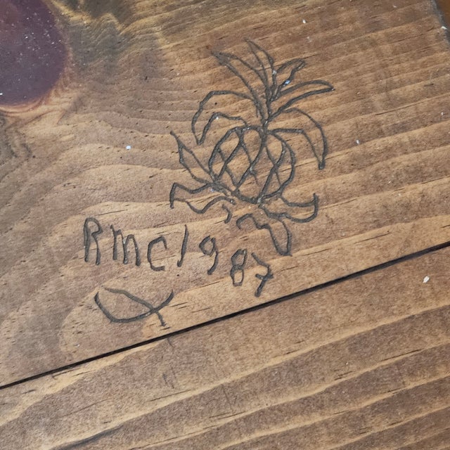 Handmade Rustic Pine Drop-Leaf Table With Storage, Signed Folk Art RMC 1987 Pineapple Motif For Sale - Image 12 of 12