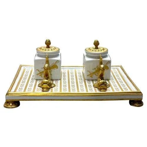 Vintage Dolphin & Leaf Porcelain Double Inkwell For Sale - Image 11 of 11