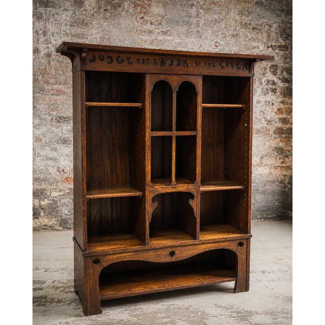 English Arts & Crafts Oak Bookcase by the Cover Motto, 1890s For Sale - Image 4 of 10