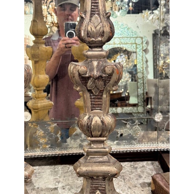 19th Century Italian Carved Silver Leaf Altar Sticks For Sale - Image 4 of 7