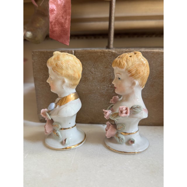 1950s Vintage Figural Porcelain Salt & Pepper Shakers — Victorian-Style Couple For Sale - Image 5 of 8