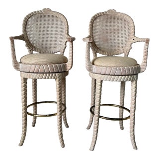 Vintage Carved Wood & Cane Swivel Bar Stools – A Pair For Sale