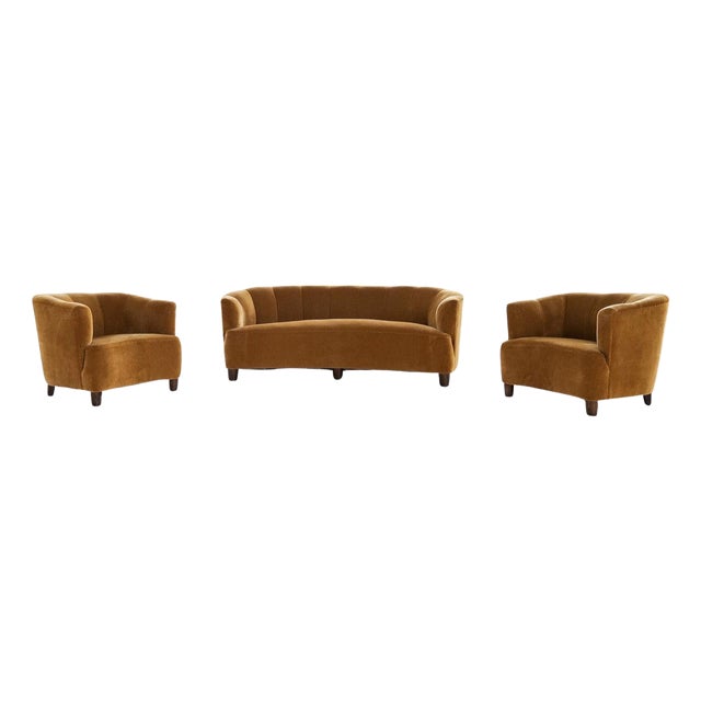 Swedish Art Deco Chairs and Sofa in Velvet, 1930s, Set of 3 For Sale