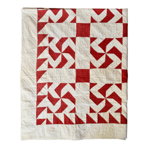 Early 20th C Red and White Pinwheel Style Pattern Hand-Stitched Cotton Quilt