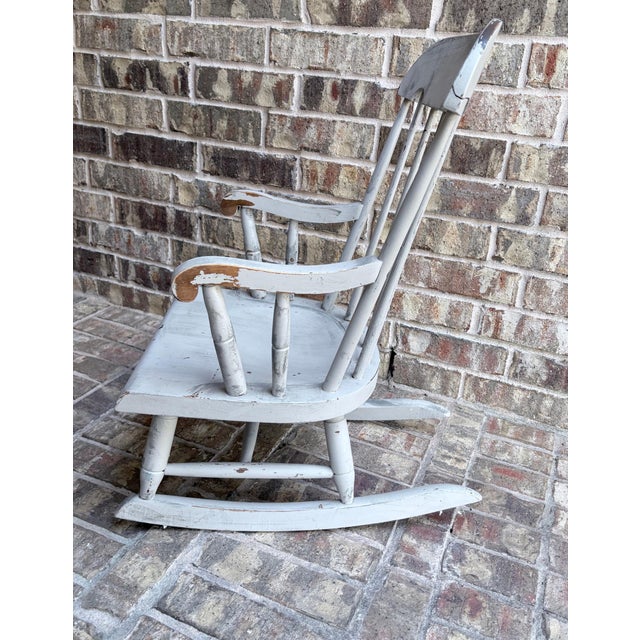 Gray Nichols & Stone Child’s Wooden Windsor Rocking Chair Spindle Back Distressed Farmhouse Vintage Chippy Gray For Sale - Image 8 of 12