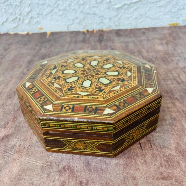 Vintage Moroccan Marquetry Inlay Wood Jewelry Box For Sale - Image 4 of 11