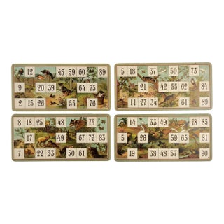 Antique Lithograph Lotto Game Cards Kittens, Wolf, Birds - Set of 4 For Sale