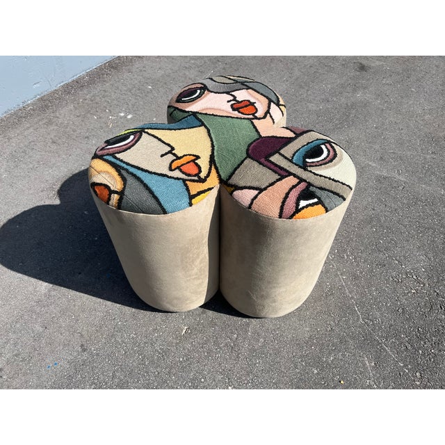Beige Pair of Designer Poufs, Stools, Ottomans, Patchwork Fabric, Italy For Sale - Image 8 of 15