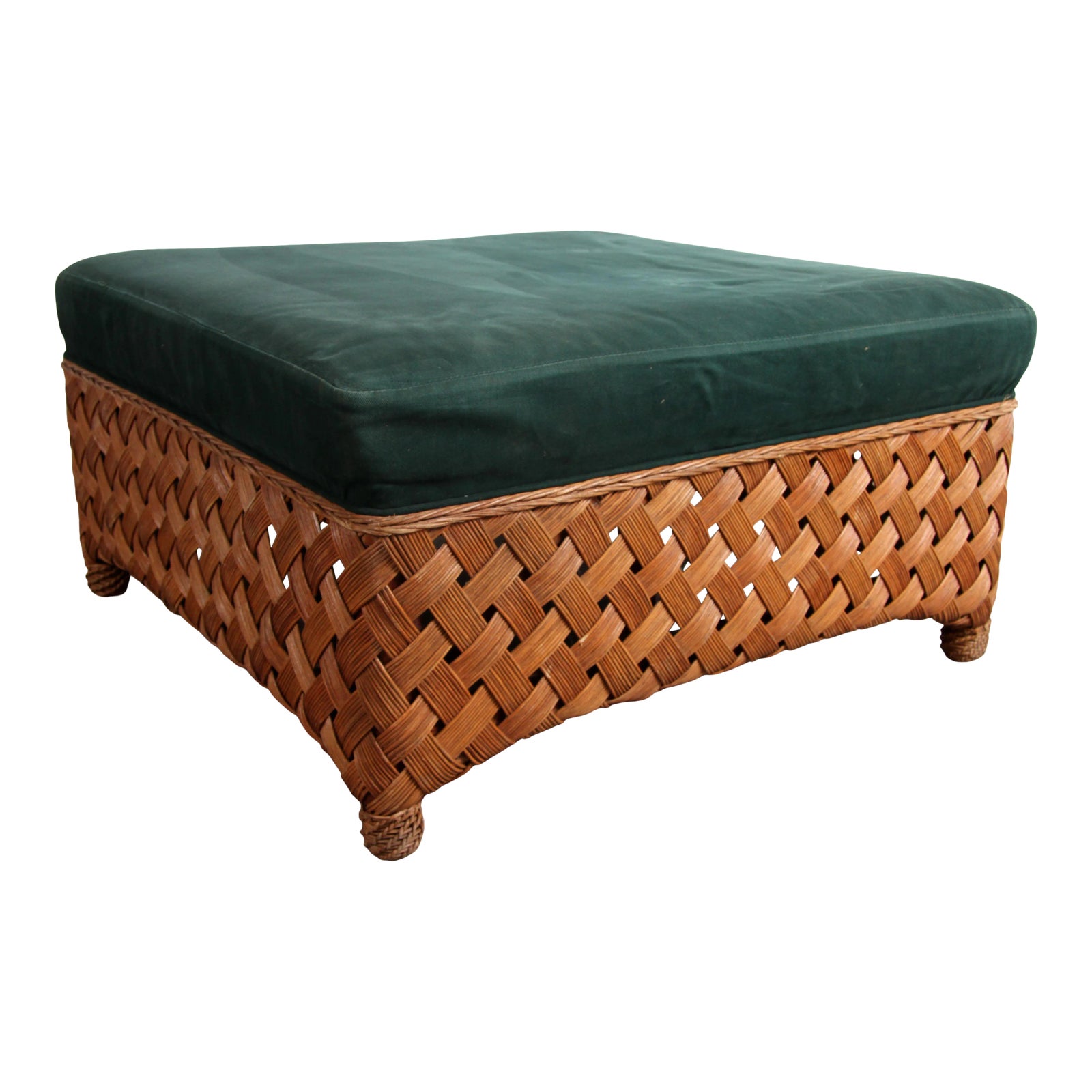 Vintage Palecek Rattan Wicker Oversized Dark Green Upholstered Ottoman