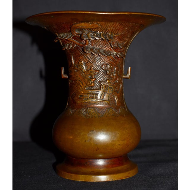 Antique Japanese Bronze Vase With Figural and Landsape Motif For Sale In Philadelphia - Image 6 of 14