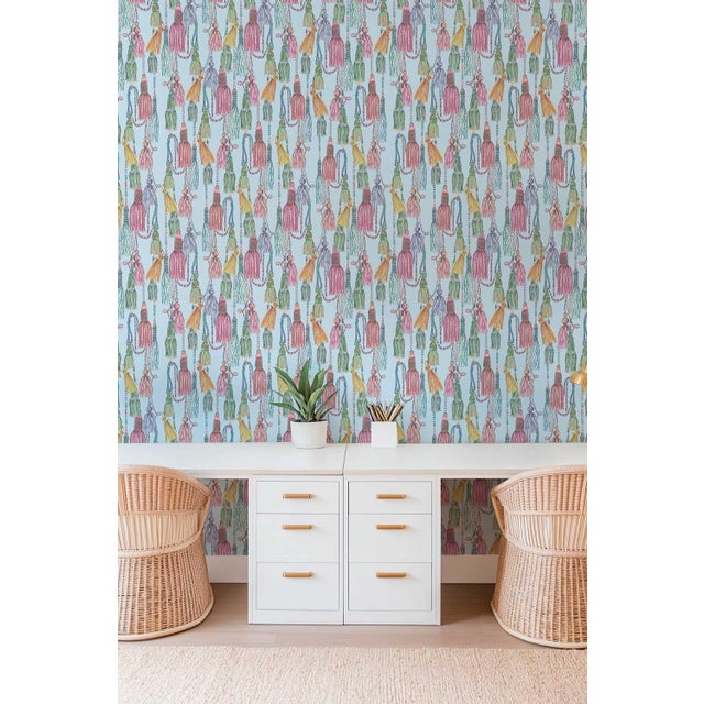 Tassel Trellis Grasscloth Wallpaper by House Party | Silk Ribbon Blue | 6 Yards For Sale In Charlotte - Image 6 of 8