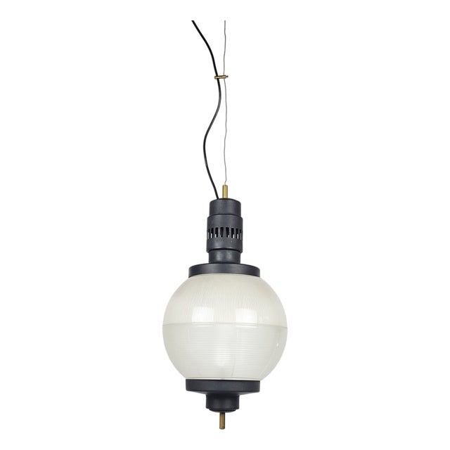 Mid-Century Black Aluminum Azucena Pendant Lamp with Brass & Molded Glass Shade, 1950s For Sale